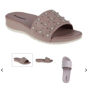 Romika Studded Embellished Slides Rose Faux Pearl Sandals Leather Upper Arch